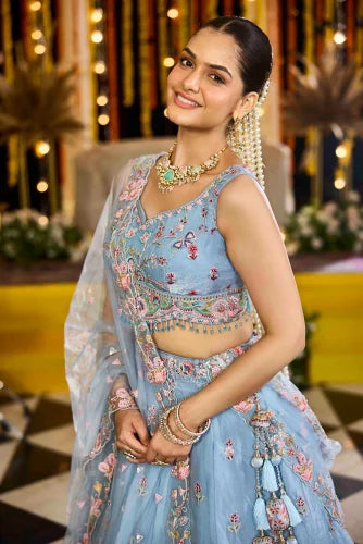 Sky Blue Satin Silk Ready to Wear Lehenga Choli with Sequins, Embroidery Bridal Wedding Collection
