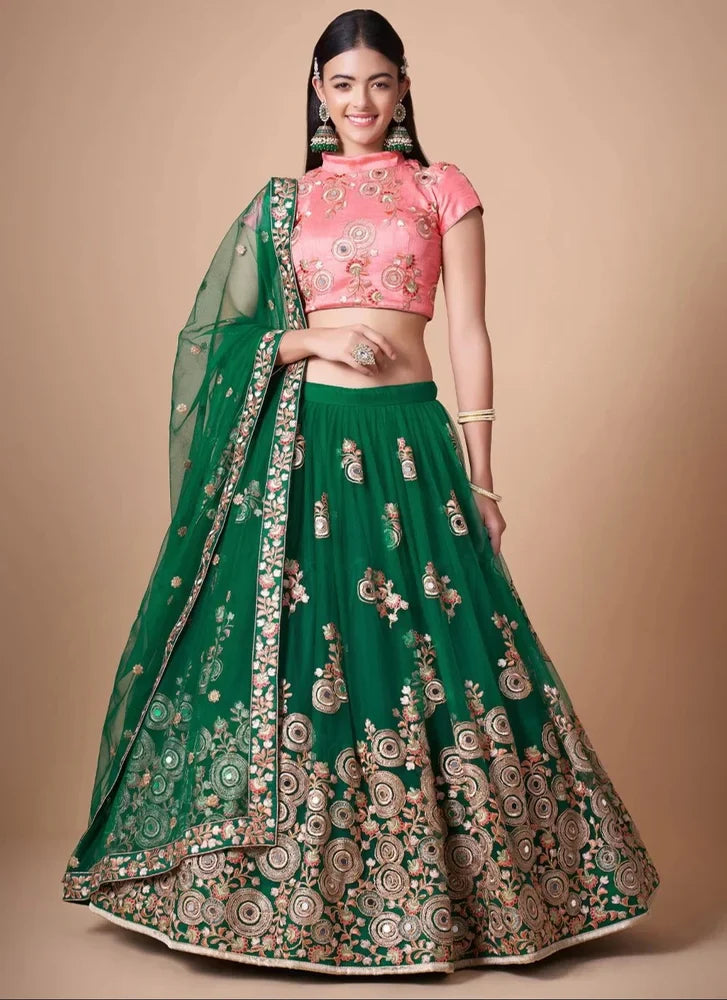 Dazzling Green Mirror Work Net Lehenga with Intricate Dori Embroidery