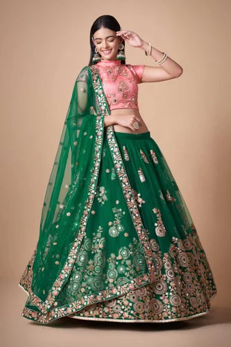 Dazzling Green Mirror Work Net Lehenga with Intricate Dori Embroidery