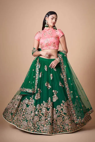 Dazzling Green Mirror Work Net Lehenga with Intricate Dori Embroidery