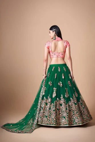 Dazzling Green Mirror Work Net Lehenga with Intricate Dori Embroidery