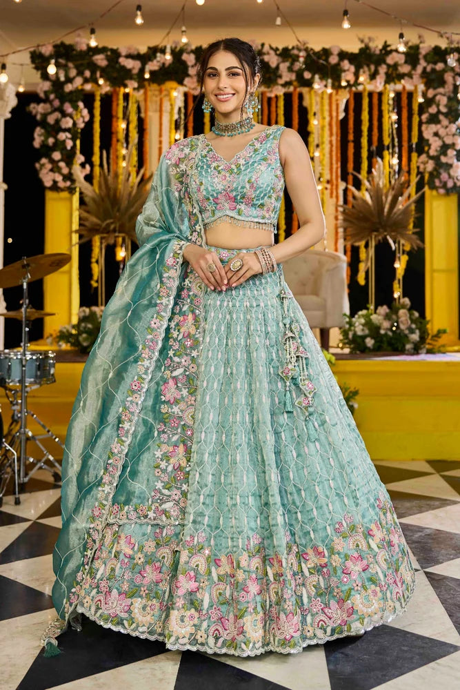 Elegant Lime Green Satin Silk with Sequins And Embroidery Ready to Wear Wedding Lehenga
