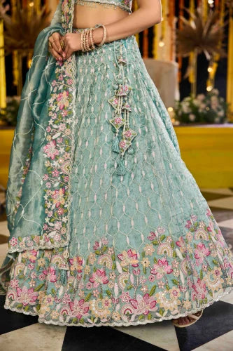 Elegant Lime Green Satin Silk with Sequins And Embroidery Ready to Wear Wedding Lehenga