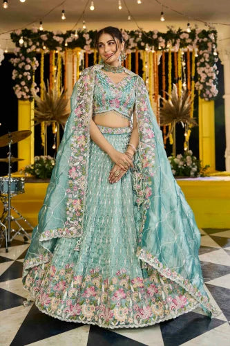 Elegant Lime Green Satin Silk with Sequins And Embroidery Ready to Wear Wedding Lehenga