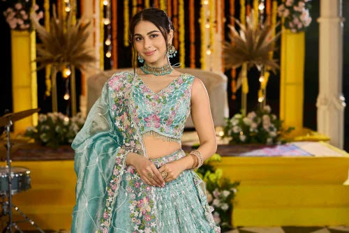 Elegant Lime Green Satin Silk with Sequins And Embroidery Ready to Wear Wedding Lehenga