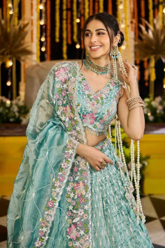 Elegant Lime Green Satin Silk with Sequins And Embroidery Ready to Wear Wedding Lehenga