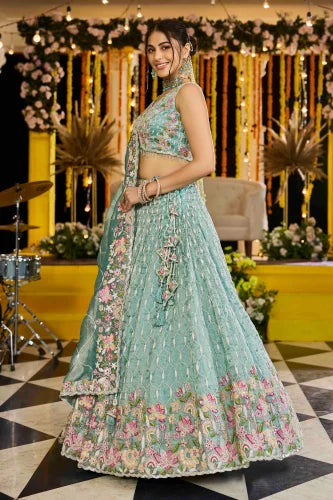Elegant Lime Green Satin Silk with Sequins And Embroidery Ready to Wear Wedding Lehenga