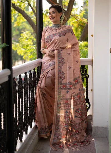 Elegant Peach Tussar Silk Saree with Madhubani Print Border