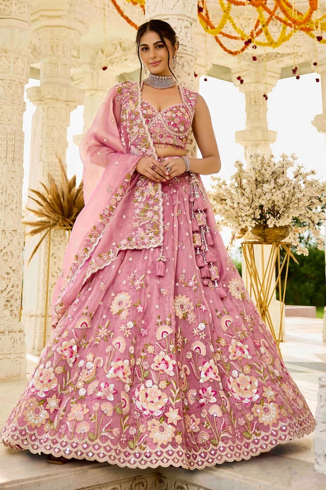 Gorgeous Pink Organza Embroidered Sequins Work Wedding Wear Lehenga Choli with Dupatta
