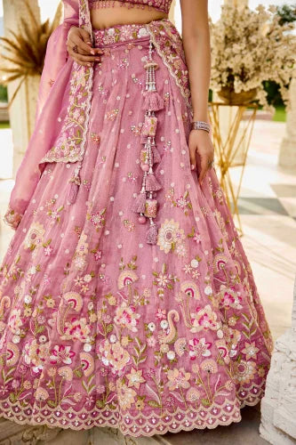 Gorgeous Pink Organza Embroidered Sequins Work Wedding Wear Lehenga Choli with Dupatta