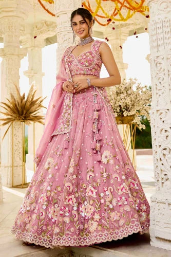 Gorgeous Pink Organza Embroidered Sequins Work Wedding Wear Lehenga Choli with Dupatta
