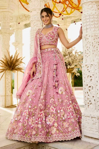 Gorgeous Pink Organza Embroidered Sequins Work Wedding Wear Lehenga Choli with Dupatta
