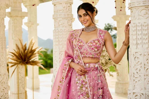 Gorgeous Pink Organza Embroidered Sequins Work Wedding Wear Lehenga Choli with Dupatta