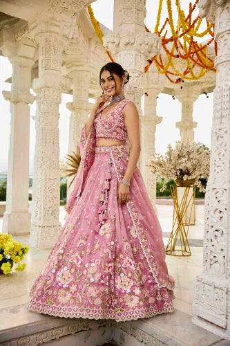 Gorgeous Pink Organza Embroidered Sequins Work Wedding Wear Lehenga Choli with Dupatta