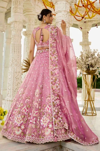 Gorgeous Pink Organza Embroidered Sequins Work Wedding Wear Lehenga Choli with Dupatta