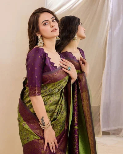 Green Color Eye Catching Kanjivaram Silk Saree For Indian Wedding