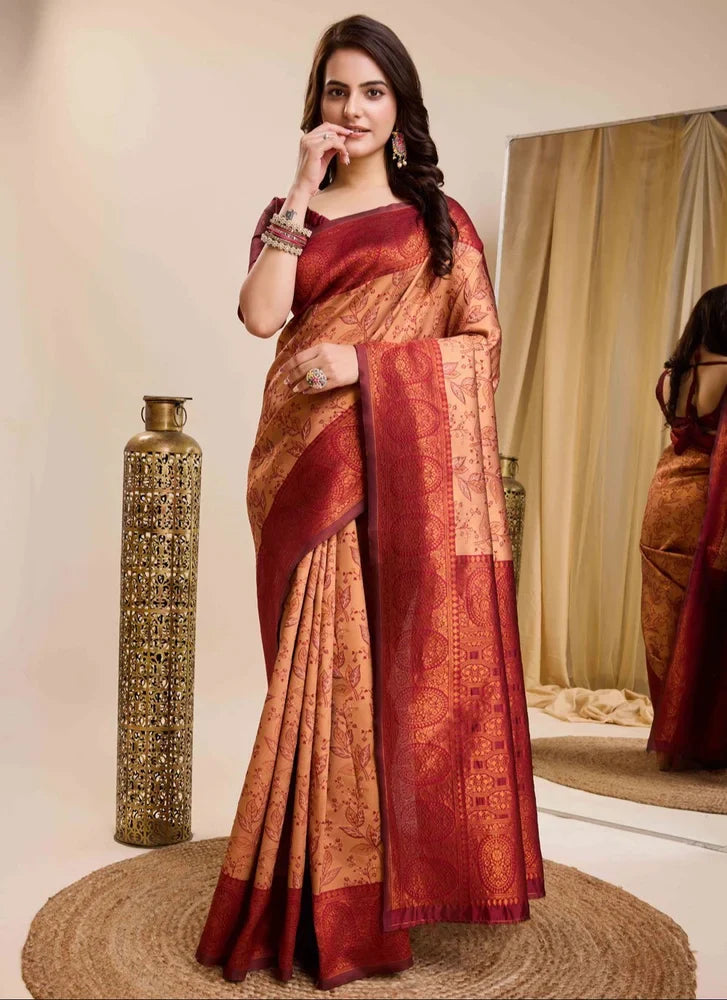 Indian Wedding Rapier Jaquard Work Kanjeevaram Silk Saree In Peach
