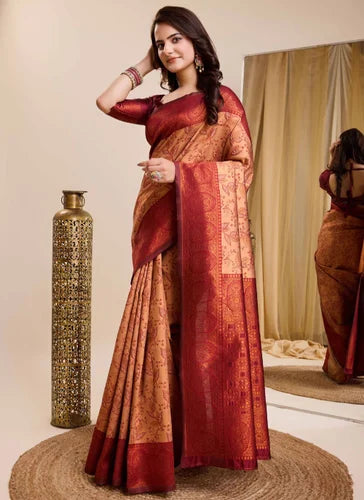 Indian Wedding Rapier Jaquard Work Kanjeevaram Silk Saree In Peach