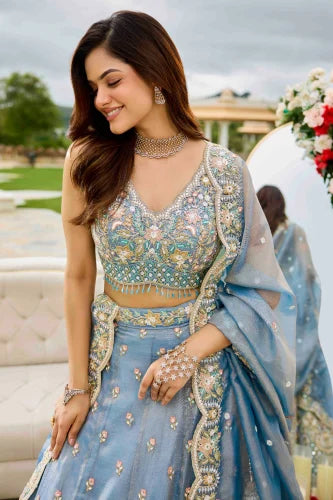 Lavender Satin Silk Embroidered Wedding Lehenga with Cutwork Border Bridal And Festive Wear