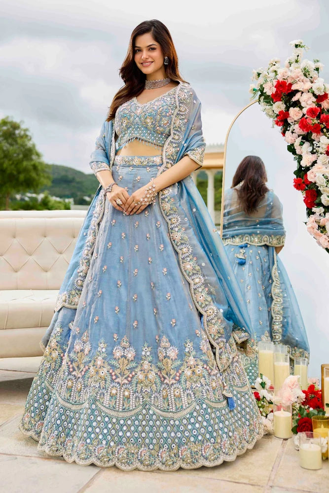 Lavender Satin Silk Embroidered Wedding Lehenga with Cutwork Border Bridal And Festive Wear