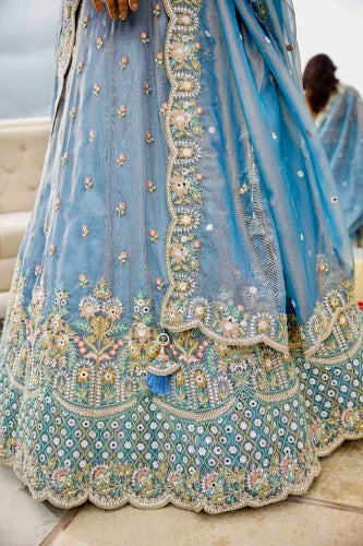 Lavender Satin Silk Embroidered Wedding Lehenga with Cutwork Border Bridal And Festive Wear