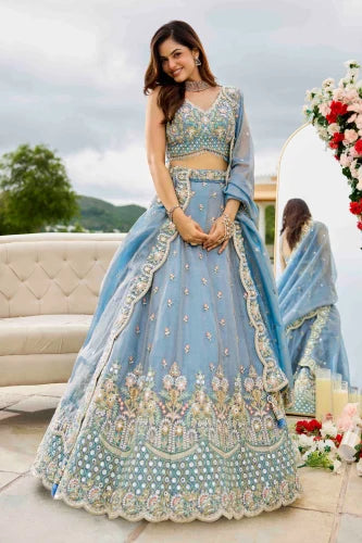 Lavender Satin Silk Embroidered Wedding Lehenga with Cutwork Border Bridal And Festive Wear