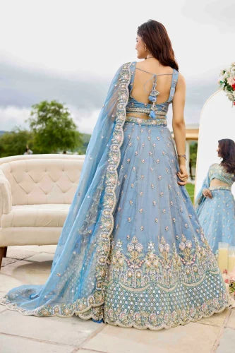 Lavender Satin Silk Embroidered Wedding Lehenga with Cutwork Border Bridal And Festive Wear