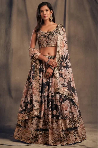 Digital Printed Organza Lehenga With Sequins Zari Embroidery Work