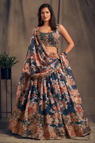Digital Printed Organza Lehenga With Sequins Zari Embroidery Work