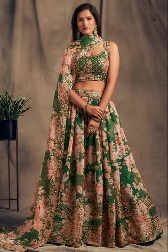 Digital Printed Organza Lehenga With Sequins Zari Embroidery Work