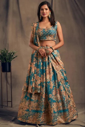 Digital Printed Organza Lehenga With Sequins Zari Embroidery Work