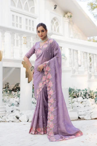 Pure Crush Silk Designer Saree With Embroidery And Cut Work
