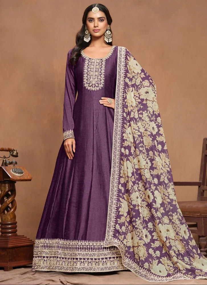 Purple Art Silk Embroidered Long Anarkali Gown with Organza Dupatta