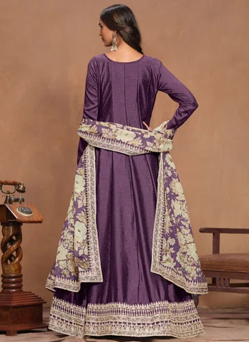 Purple Art Silk Embroidered Long Anarkali Gown with Organza Dupatta