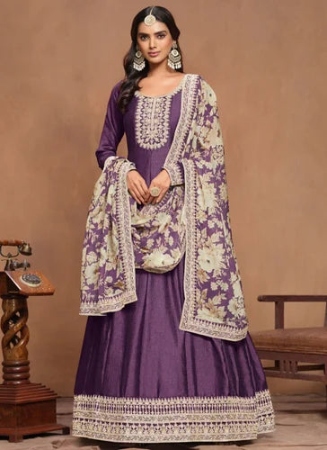 Purple Art Silk Embroidered Long Anarkali Gown with Organza Dupatta