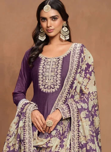 Purple Art Silk Embroidered Long Anarkali Gown with Organza Dupatta