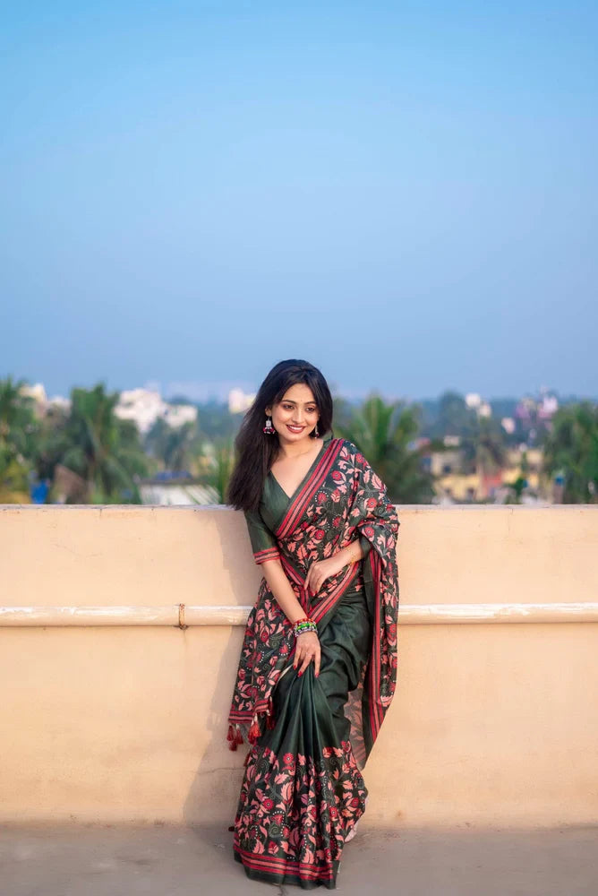 Rashmika Pushpa 2 Soft Kolam Silk Sarees with Floral Prints