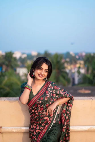 Rashmika Pushpa 2 Soft Kolam Silk Sarees with Floral Prints