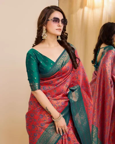 Red Kanjivaram Silk Elegant Saree With Jacquard Work