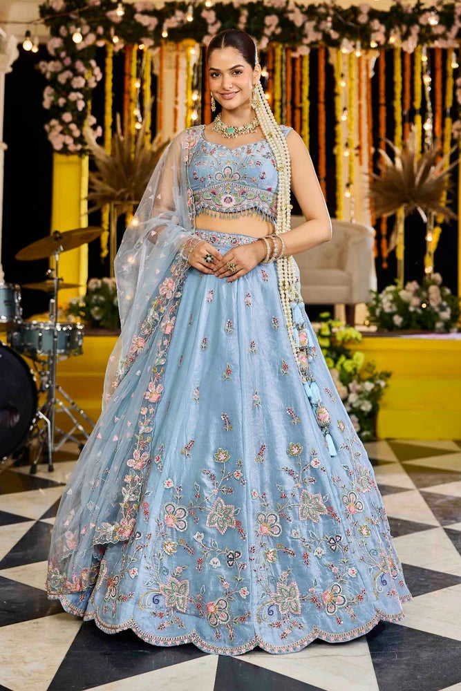 Sky Blue Satin Silk Ready to Wear Lehenga Choli with Sequins, Embroidery Bridal Wedding Collection