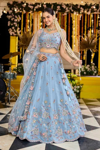 Sky Blue Satin Silk Ready to Wear Lehenga Choli with Sequins, Embroidery Bridal Wedding Collection