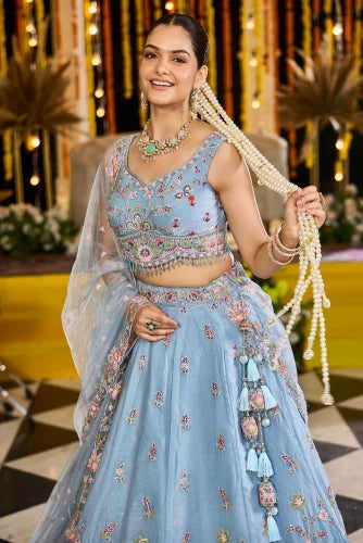 Sky Blue Satin Silk Ready to Wear Lehenga Choli with Sequins, Embroidery Bridal Wedding Collection