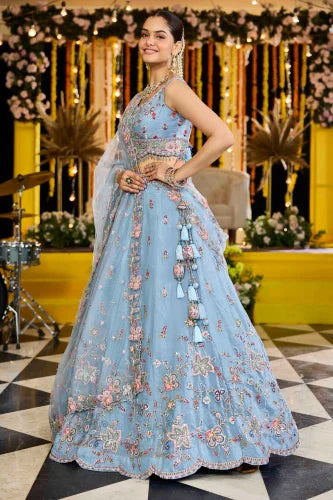 Sky Blue Satin Silk Ready to Wear Lehenga Choli with Sequins, Embroidery Bridal Wedding Collection
