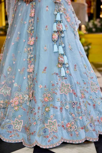 Sky Blue Satin Silk Ready to Wear Lehenga Choli with Sequins, Embroidery Bridal Wedding Collection