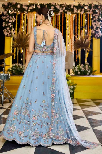 Sky Blue Satin Silk Ready to Wear Lehenga Choli with Sequins, Embroidery Bridal Wedding Collection