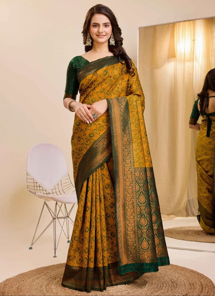 Sophisticated Kanjivaram Silk Elegant Saree With Jacquard Work In Mustard
