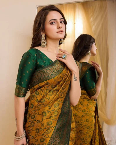 Sophisticated Kanjivaram Silk Elegant Saree With Jacquard Work In Mustard