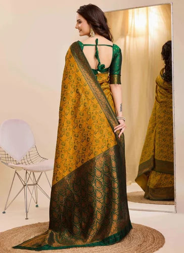 Sophisticated Kanjivaram Silk Elegant Saree With Jacquard Work In Mustard