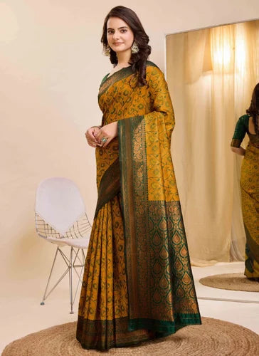 Sophisticated Kanjivaram Silk Elegant Saree With Jacquard Work In Mustard